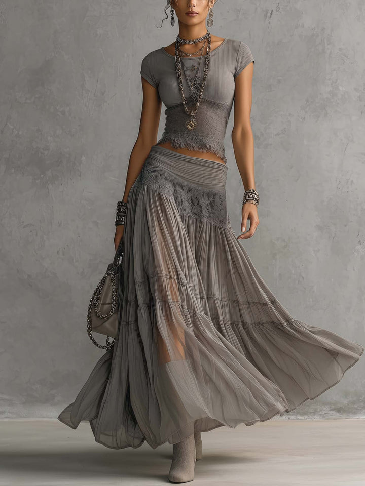 Elena | Ensemble Top Dentelle et Jupe Maxi Plissée