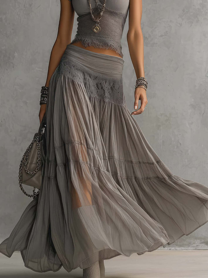Elena | Ensemble Top Dentelle et Jupe Maxi Plissée