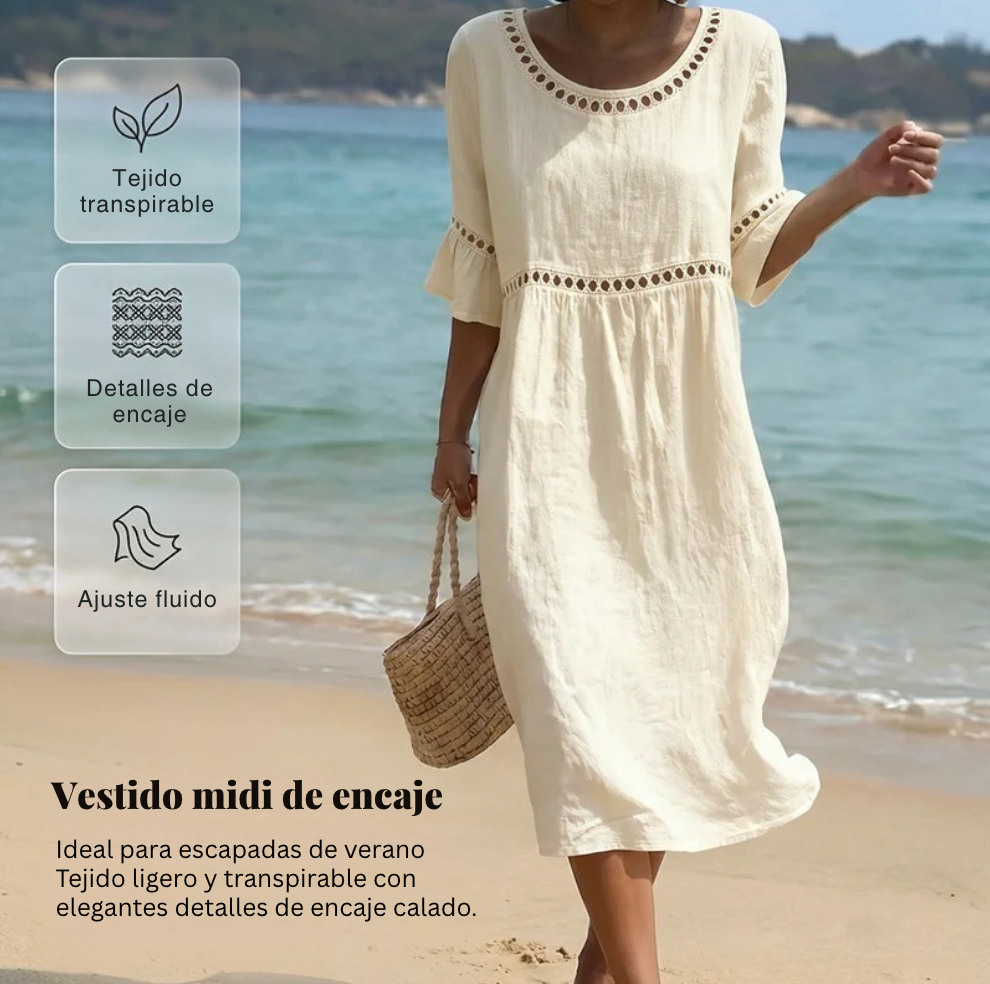 Ginette | Robe mi-longue à col rond avec dentelle ajourée et manches à volants