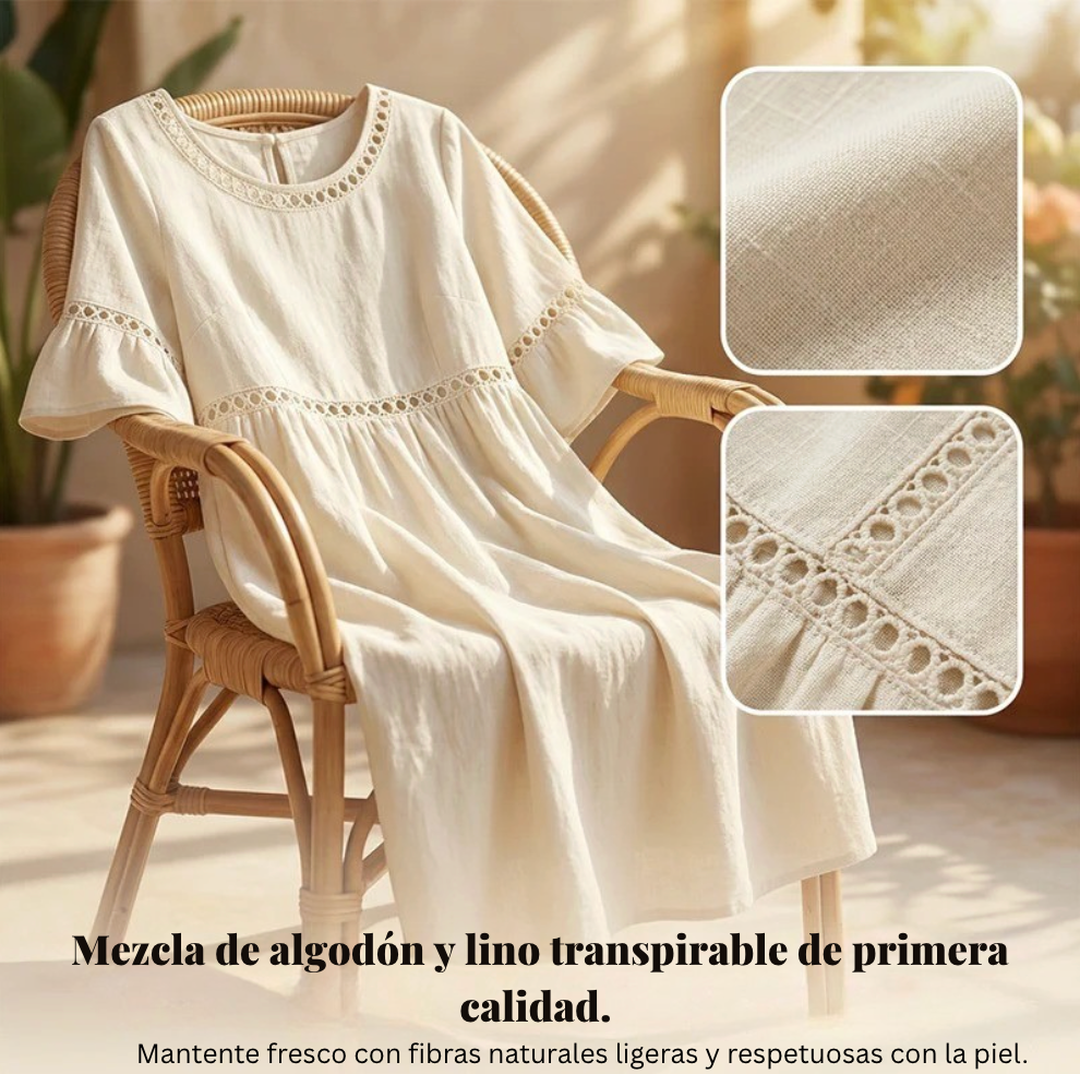 Ginette | Robe mi-longue à col rond avec dentelle ajourée et manches à volants