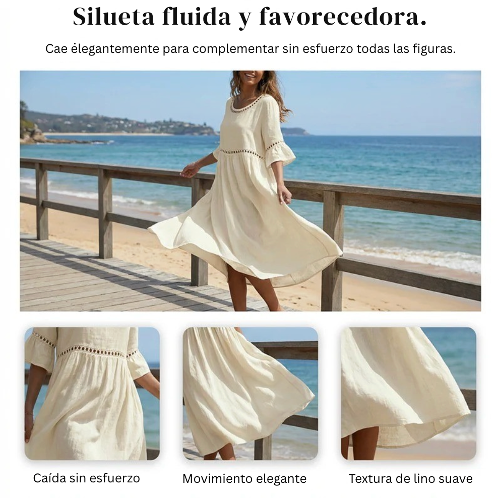 Ginette | Robe mi-longue à col rond avec dentelle ajourée et manches à volants