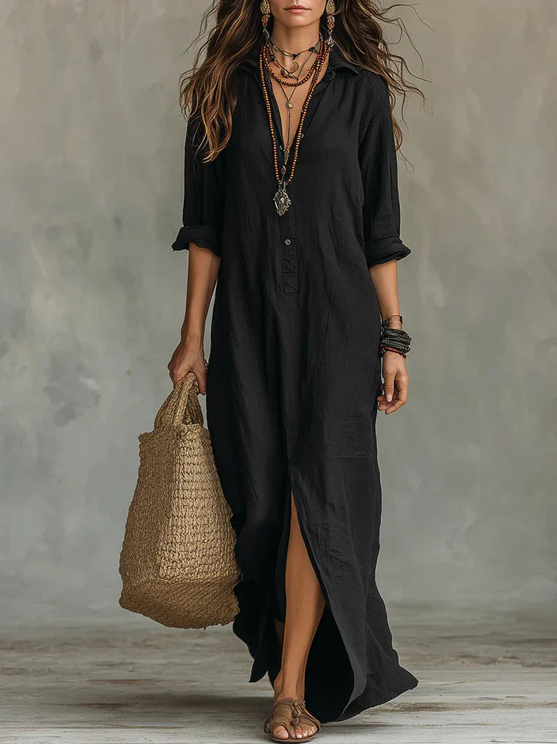 Maëva | Robe Maxi Noire Ample à Boutons