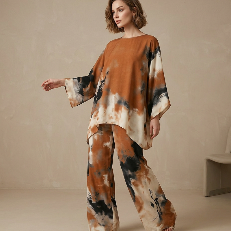 Lucille | Ensemble femme deux pièces imprimé abstrait tunic oversize pantalon large