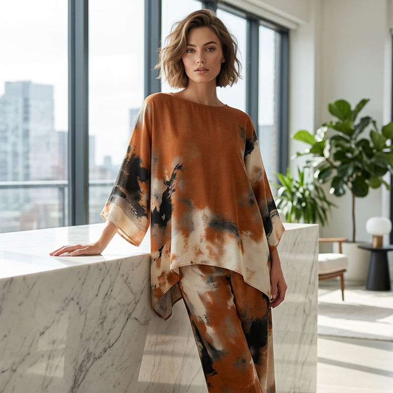 Lucille | Ensemble femme deux pièces imprimé abstrait tunic oversize pantalon large