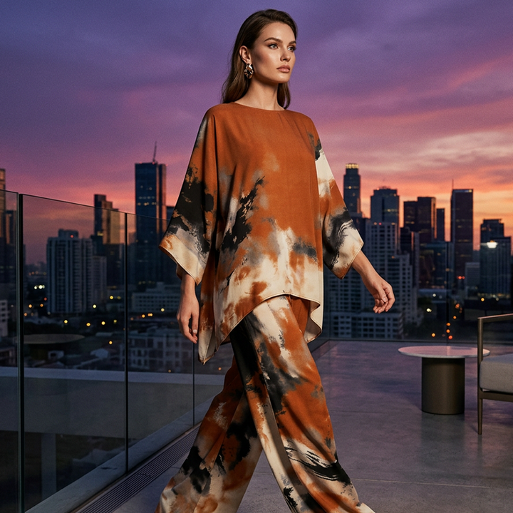 Lucille | Ensemble femme deux pièces imprimé abstrait tunic oversize pantalon large